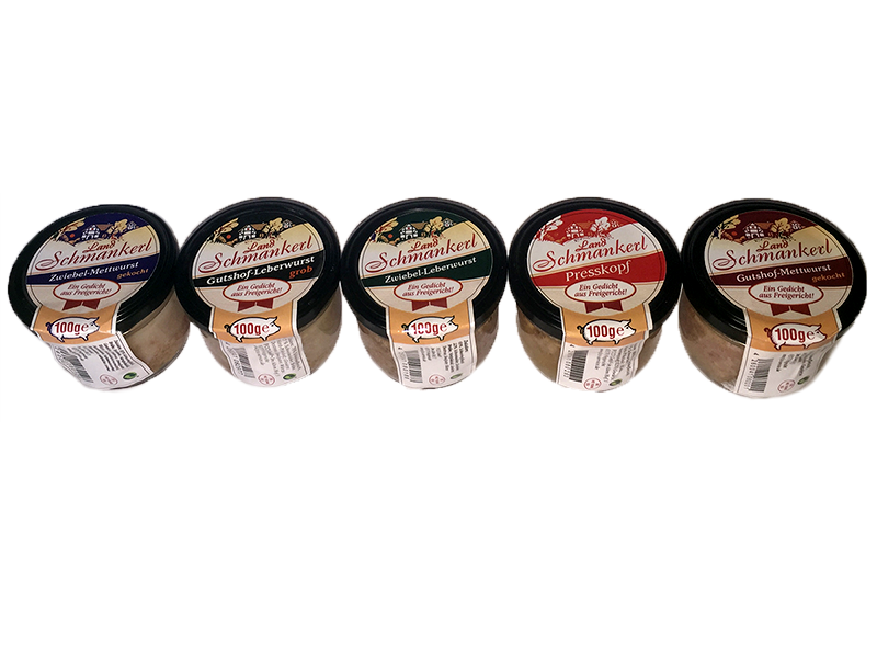 Landschmankerl Mettwurst, Zwiebel Mettwurst, Leberwurst, Zwiebel Leberwurst, Presskopf im Glas